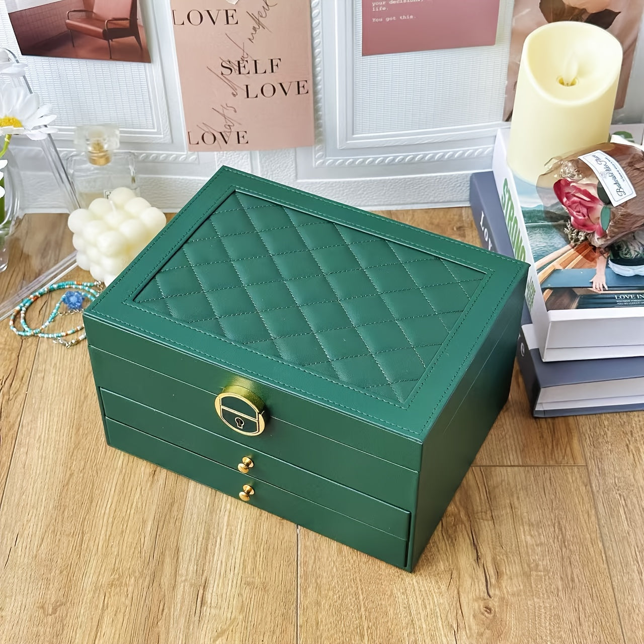 Elegant Jewelry Box Organizer - Dark Green Artificial Leather Jewelry case with Golden-Tone latches, 3-Tier Storage, Anti-Tarnish Fabric-Lined Interior - for Necklace, Bracelet, Earring, Ring - Perfect Gift for Women, Birthday, Christmas, Wedding - Home