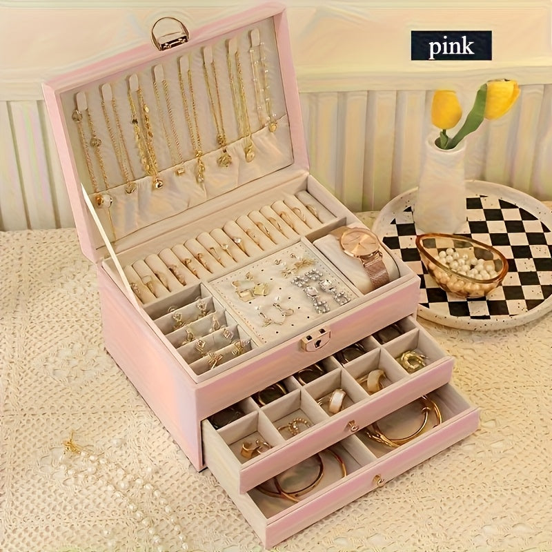 Luxury Jewelry Box Organizer - Elegant Green, 3-Tier Storage Case with Key Lock Closure, Soft Fabric-Lined Compartments for Necklaces, Earrings, Bracelets, Rings - Perfect Gift for Women, Home or Salon Use - Durable Construction, Jewelry Organizer