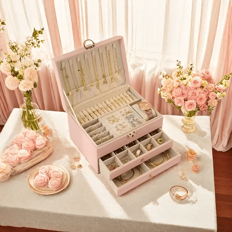 Women'S Jewelry Organizer Box with Soft Interior Lining - Elegant Black Exterior, Multi-Tier Storage Case for Necklaces, Rings, Earrings, Bracelets - Portable Jewelry armoire for Home, Travel, Gift - Durable Construction Jewelry Storage Organizer, Home