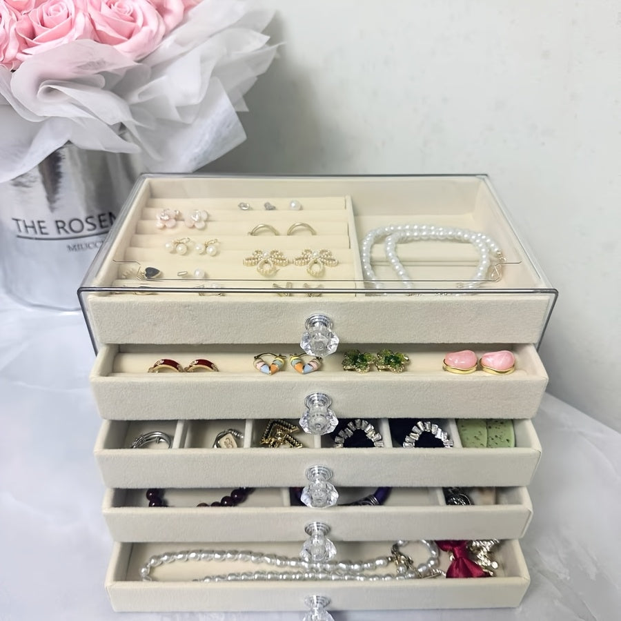 Elegant 5-Tier Jewelry Organizer Box with Velvet-Lined Compartments - Waterproof, & Anti-Oxidation, Multi-Layer Design for Necklaces, Bracelets, Earrings - Classic Rectangular Tabletop Storage for Home or Office, Jewelry Box, Jewelry Boxes