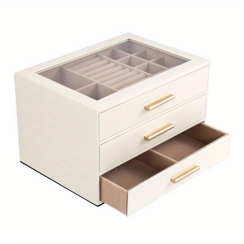 3-Tier Jewelry Organizer Box with Transparent Drawers - Large Capacity Multi-Layer Storage for Necklaces, Earrings, Rings - Durable Fabric & Metal Construction, Elegant White & Golden Design for Home or Retail Use, Jewelry Box, Jewelry Box, Jew