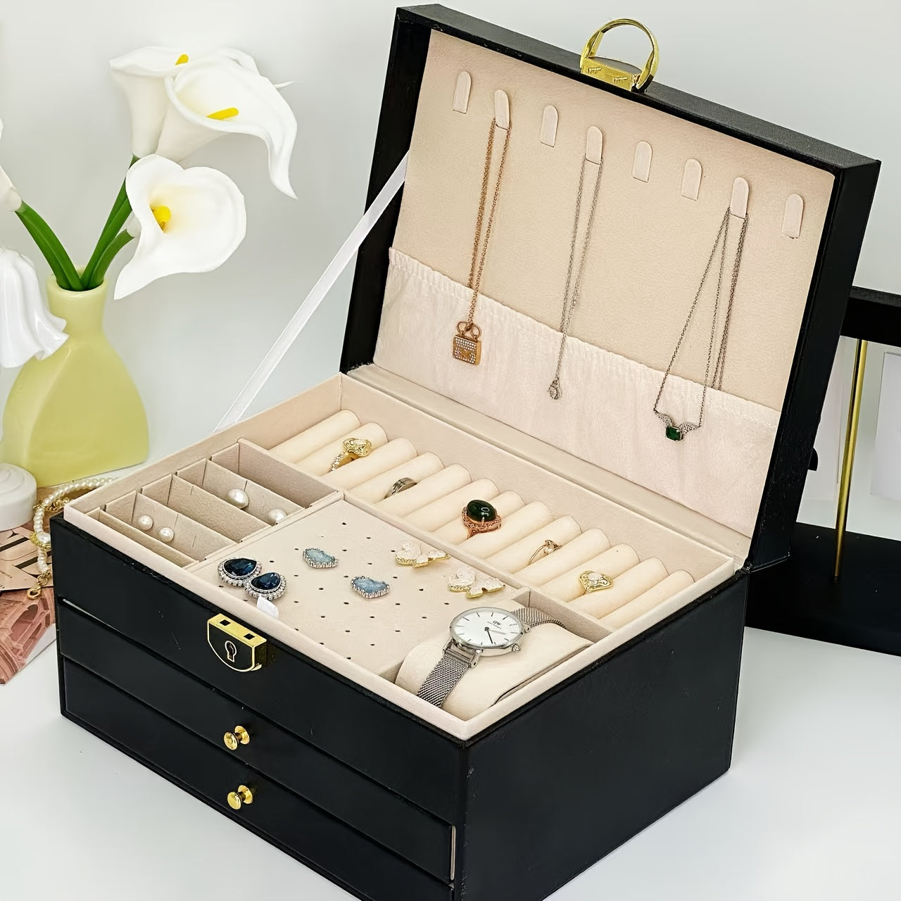 Elegant Jewelry Box Organizer - Dark Green Artificial Leather Jewelry case with Golden-Tone latches, 3-Tier Storage, Anti-Tarnish Fabric-Lined Interior - for Necklace, Bracelet, Earring, Ring - Perfect Gift for Women, Birthday, Christmas, Wedding - Home