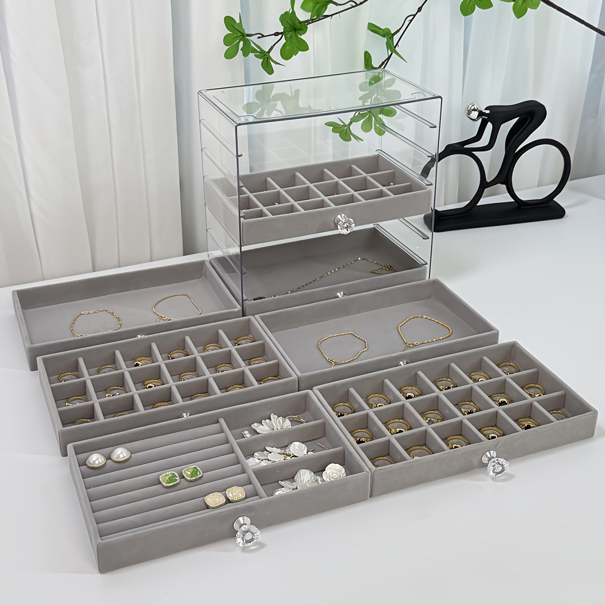 7-Layer Transparent Plastic Jewelry Organizer Box with Fabric-Lined Compartments, Secure Latch Closure & Contemporary Octagonal Design - Multi-Use Desktop Storage for Earrings, Rings, Necklaces, Jewelry Organizer Storage, Durable Polished Finish, Jewelry