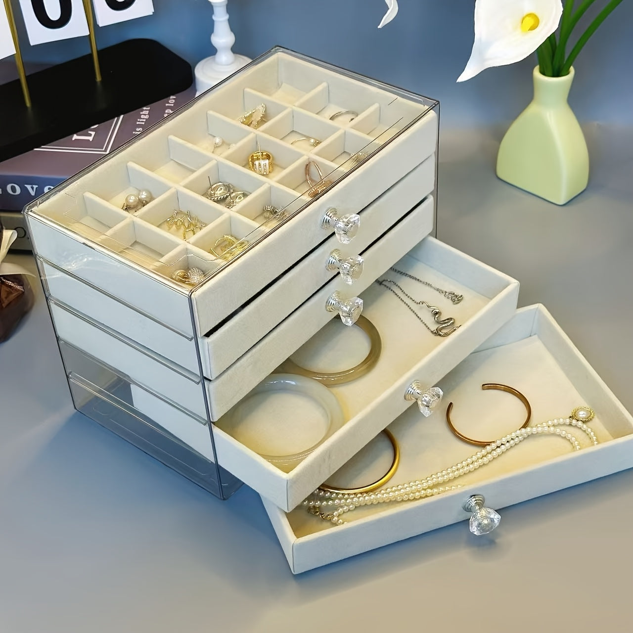 Elegant 5-Tier Jewelry Organizer Box with Velvet-Lined Compartments - Waterproof, & Anti-Oxidation, Multi-Layer Design for Necklaces, Bracelets, Earrings - Classic Rectangular Tabletop Storage for Home or Office, Jewelry Box, Jewelry Boxes