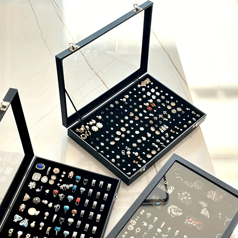 Classic Black Velvet Jewelry Box with Clear Glass Lid, Multi-Compartment for Necklaces and Rings Durable Metal Clasp Ideal Gift or Personal Use
