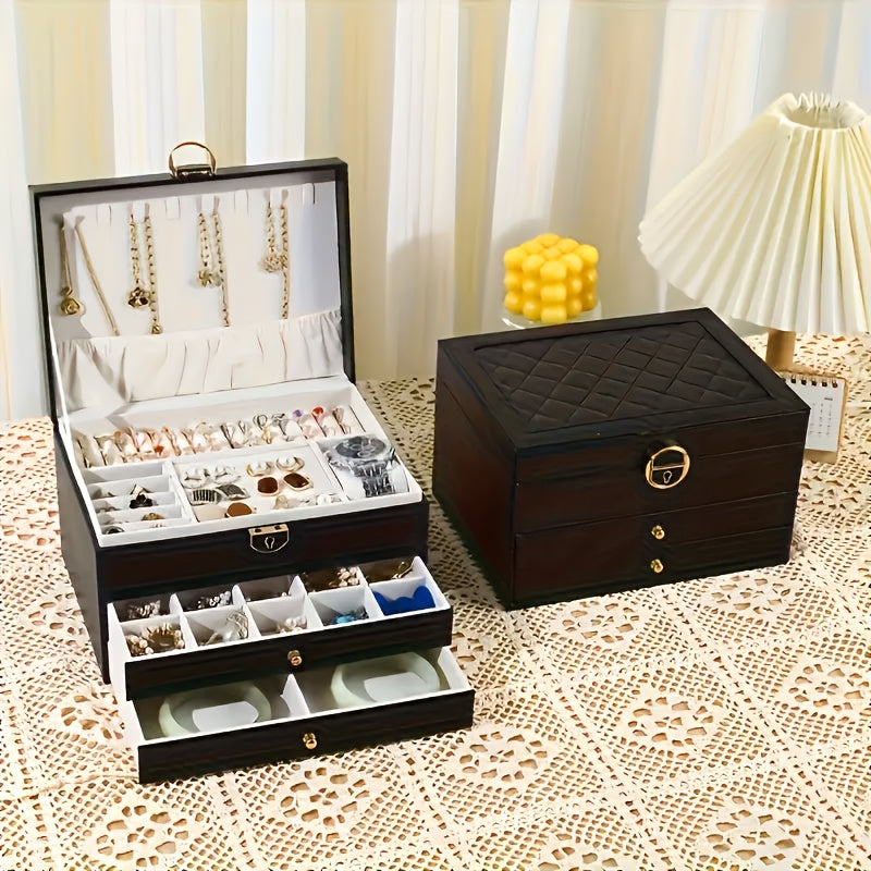 Elegant Vintage-Style Jewelry Box with Lock - 3-Layer Faux Leather, Golden-Tone Hardware, Pink & White Design, Perfect for Necklaces, Bracelets, and Earrings - Ideal for Home Decor and Fashion Enthusiasts, Jewelry Gift Box, Jewelry Boxes
