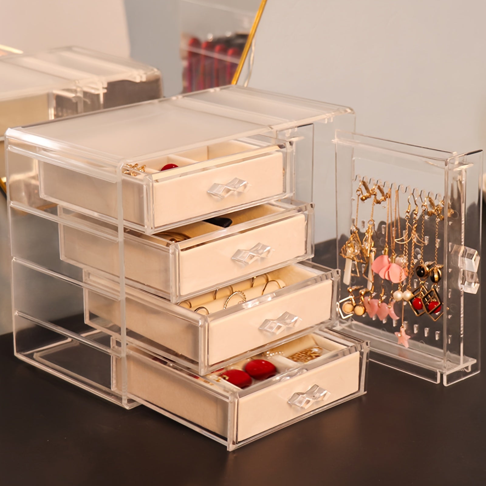 DIY Home and Kitchen Supplies Storage, Jewelry Box Storage, Acrylic Jewelry Storage Cabinet, Transparent Earring Holder, Jewelry Hanging Box with 4 Velvet Drawers, Earring, Ring, Necklace, Bracelet Display Box, Women'S Gift, Transparent Jewelry Storage