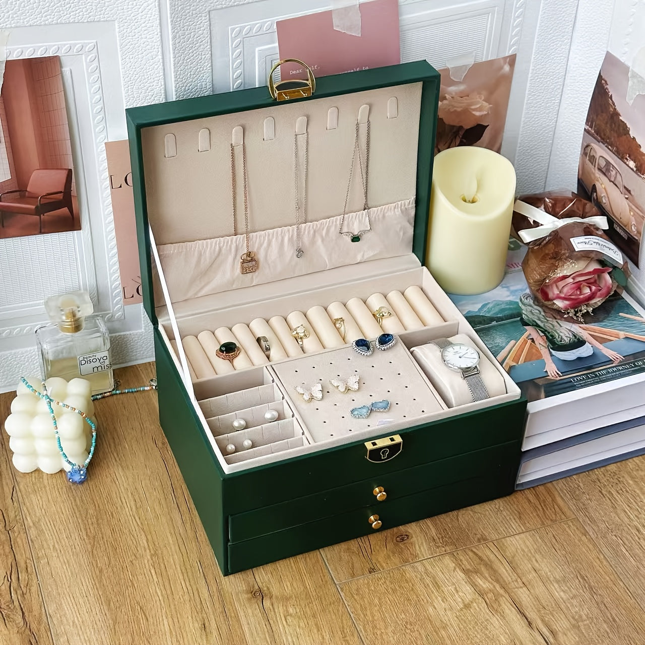 Elegant Jewelry Box Organizer - Dark Green Artificial Leather Jewelry case with Golden-Tone latches, 3-Tier Storage, Anti-Tarnish Fabric-Lined Interior - for Necklace, Bracelet, Earring, Ring - Perfect Gift for Women, Birthday, Christmas, Wedding - Home