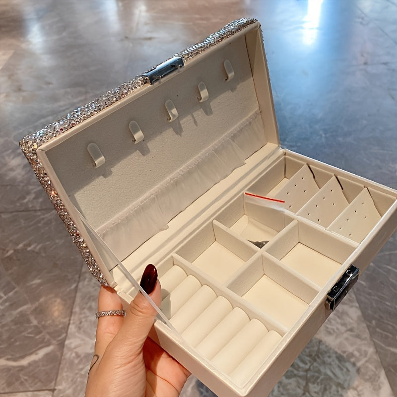 1pc Luxury Jewelry Box with Lock - Large Capacity Jewelry Organizer Case, Elegant White Exterior & Sparkling Rhinestone Interior, Secure Locking Lid for Necklace, Ring, Earrings, Bracelet Storage - Perfect Gift for Women, Birthday, Anniversary,