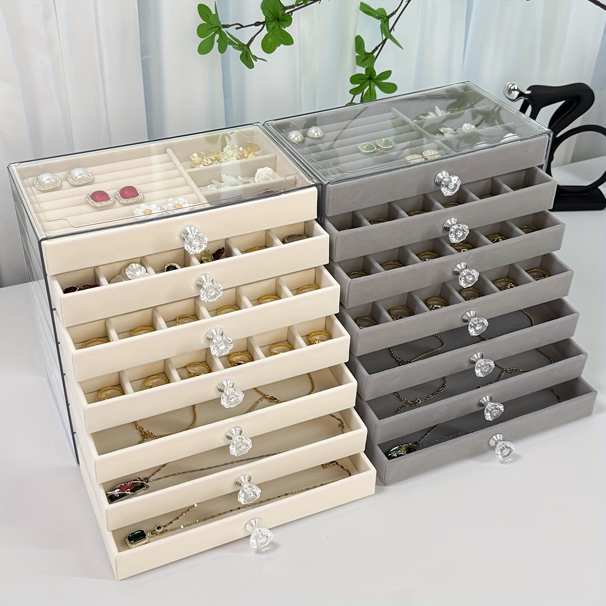 7-Layer Transparent Plastic Jewelry Organizer Box with Fabric-Lined Compartments, Secure Latch Closure & Contemporary Octagonal Design - Multi-Use Desktop Storage for Earrings, Rings, Necklaces, Jewelry Organizer Storage, Durable Polished Finish, Jewelry