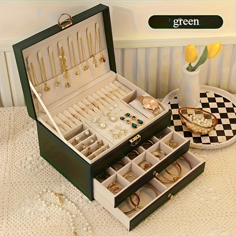 Luxury Jewelry Box Organizer - Elegant Green, 3-Tier Storage Case with Key Lock Closure, Soft Fabric-Lined Compartments for Necklaces, Earrings, Bracelets, Rings - Perfect Gift for Women, Home or Salon Use - Durable Construction, Jewelry Organizer