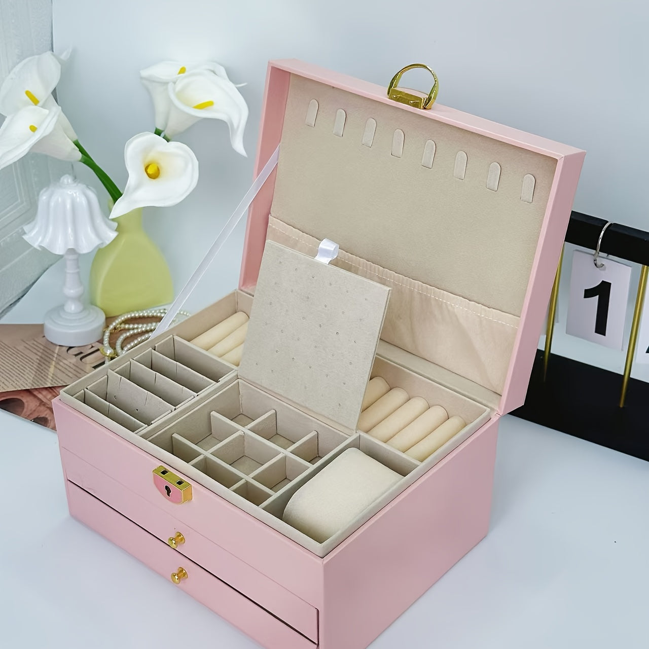 Elegant Jewelry Box Organizer - Dark Green Artificial Leather Jewelry case with Golden-Tone latches, 3-Tier Storage, Anti-Tarnish Fabric-Lined Interior - for Necklace, Bracelet, Earring, Ring - Perfect Gift for Women, Birthday, Christmas, Wedding - Home