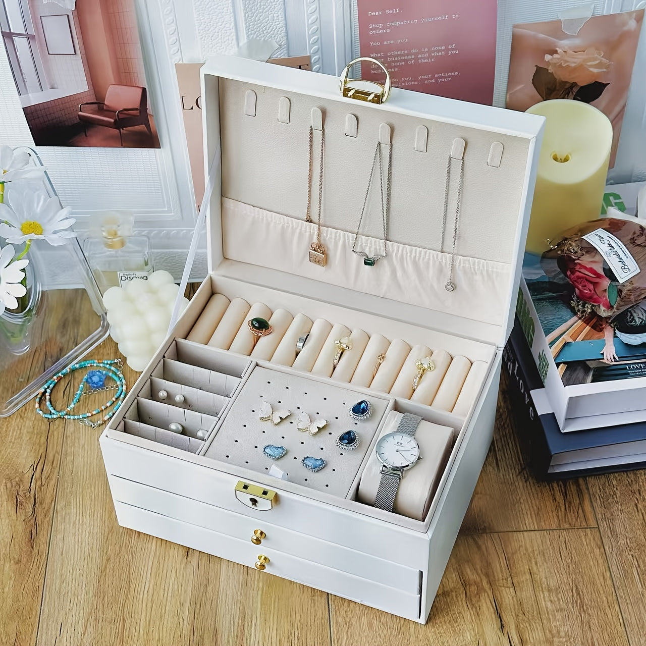 Elegant Jewelry Box Organizer - Dark Green Artificial Leather Jewelry case with Golden-Tone latches, 3-Tier Storage, Anti-Tarnish Fabric-Lined Interior - for Necklace, Bracelet, Earring, Ring - Perfect Gift for Women, Birthday, Christmas, Wedding - Home