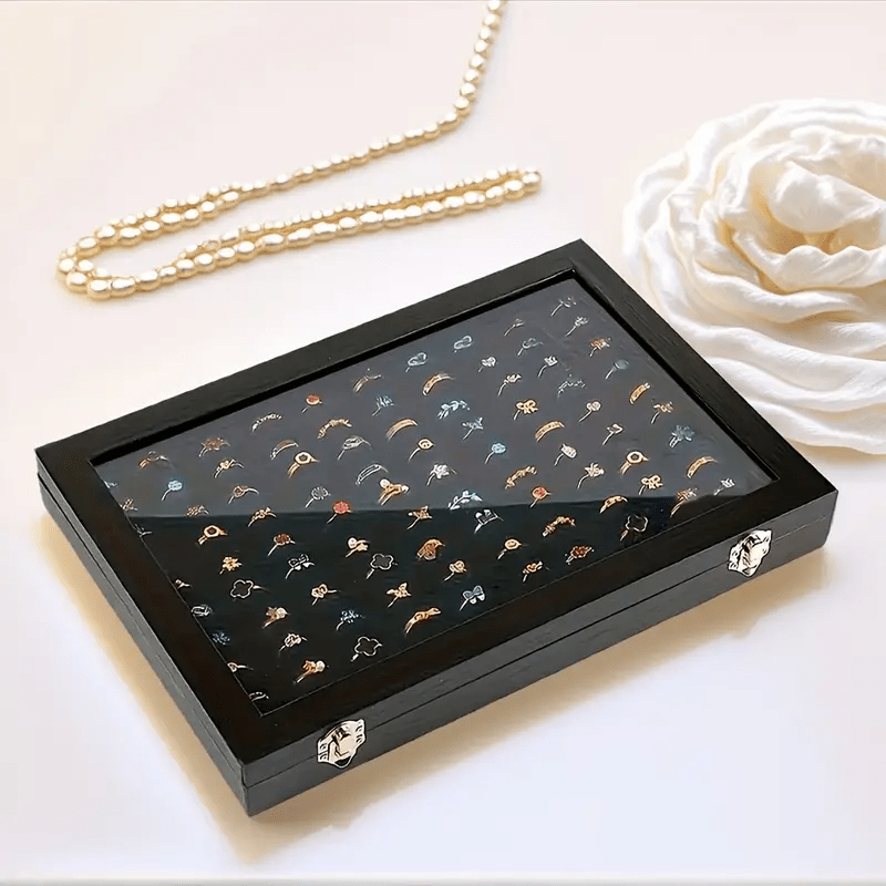 Classic Black Velvet Jewelry Box with Clear Glass Lid, Multi-Compartment for Necklaces and Rings Durable Metal Clasp Ideal Gift or Personal Use