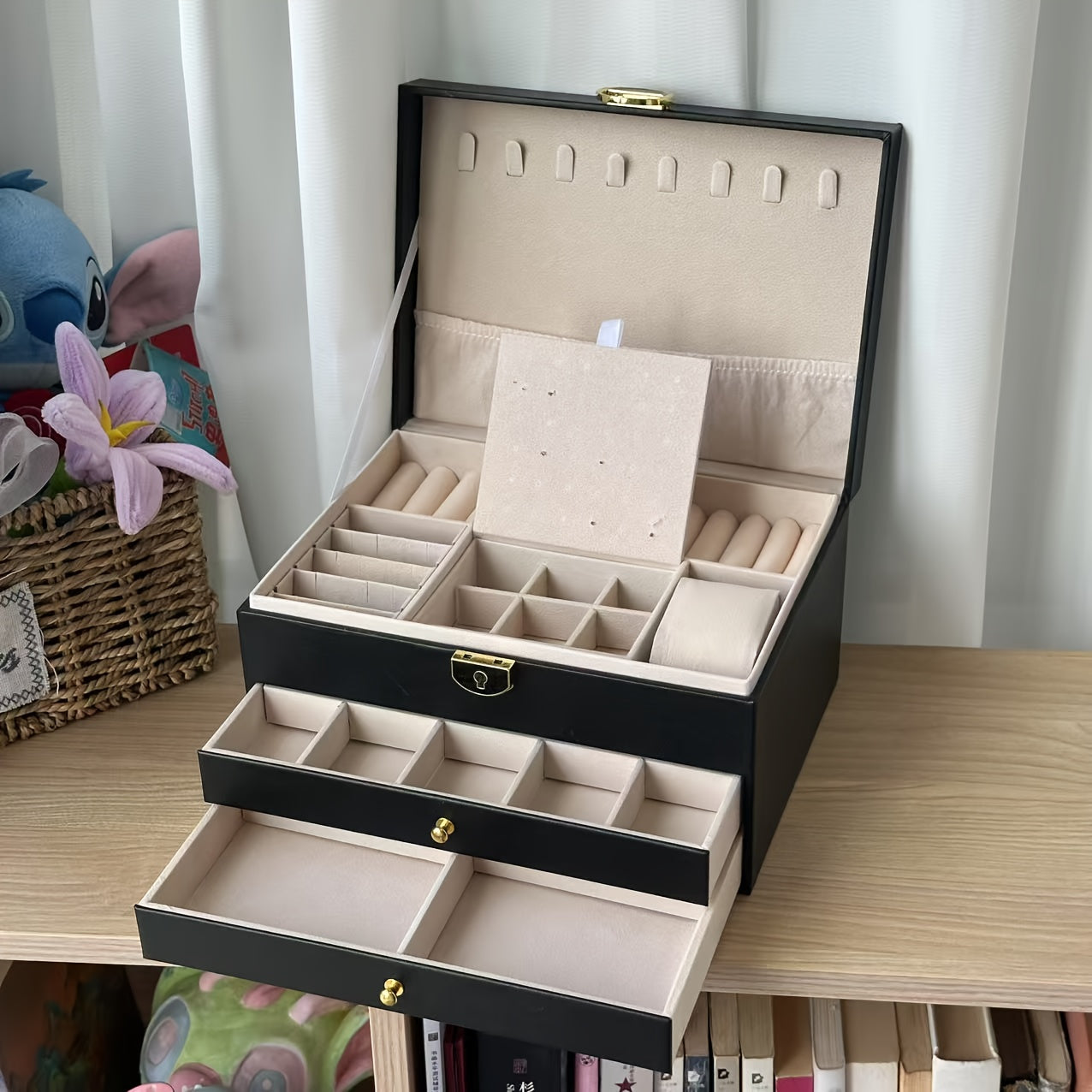 Elegant Jewelry Box Organizer - Dark Green Artificial Leather Jewelry case with Golden-Tone latches, 3-Tier Storage, Anti-Tarnish Fabric-Lined Interior - for Necklace, Bracelet, Earring, Ring - Perfect Gift for Women, Birthday, Christmas, Wedding - Home