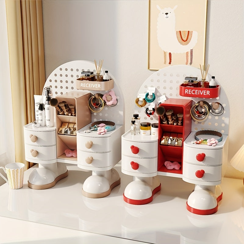 1pc Modern Jewelry & Cosmetic Organizer with Drawer - Multi-Functional Storage Box with Open Shelves, Makeup Vanity Organizer, Desk Organizer for Home, Office, Salon - Light Beige Beauty Station Decoration, Contemporary Design, Sturdy Construction, Home