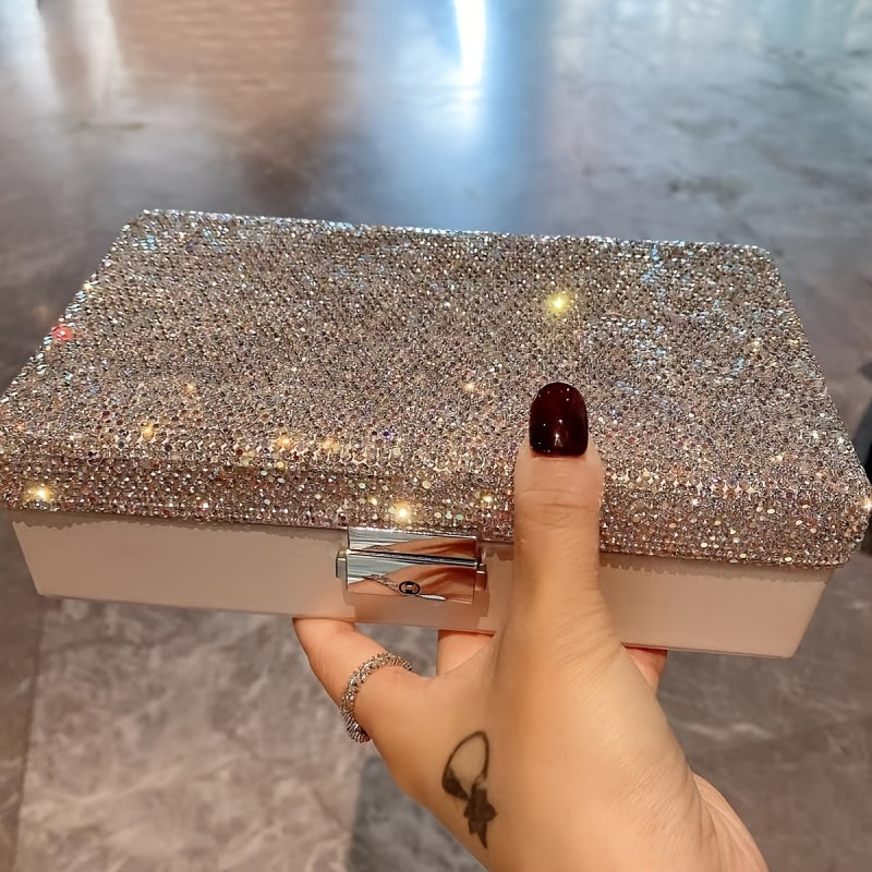 1pc Luxury Jewelry Box with Lock - Large Capacity Jewelry Organizer Case, Elegant White Exterior & Sparkling Rhinestone Interior, Secure Locking Lid for Necklace, Ring, Earrings, Bracelet Storage - Perfect Gift for Women, Birthday, Anniversary,