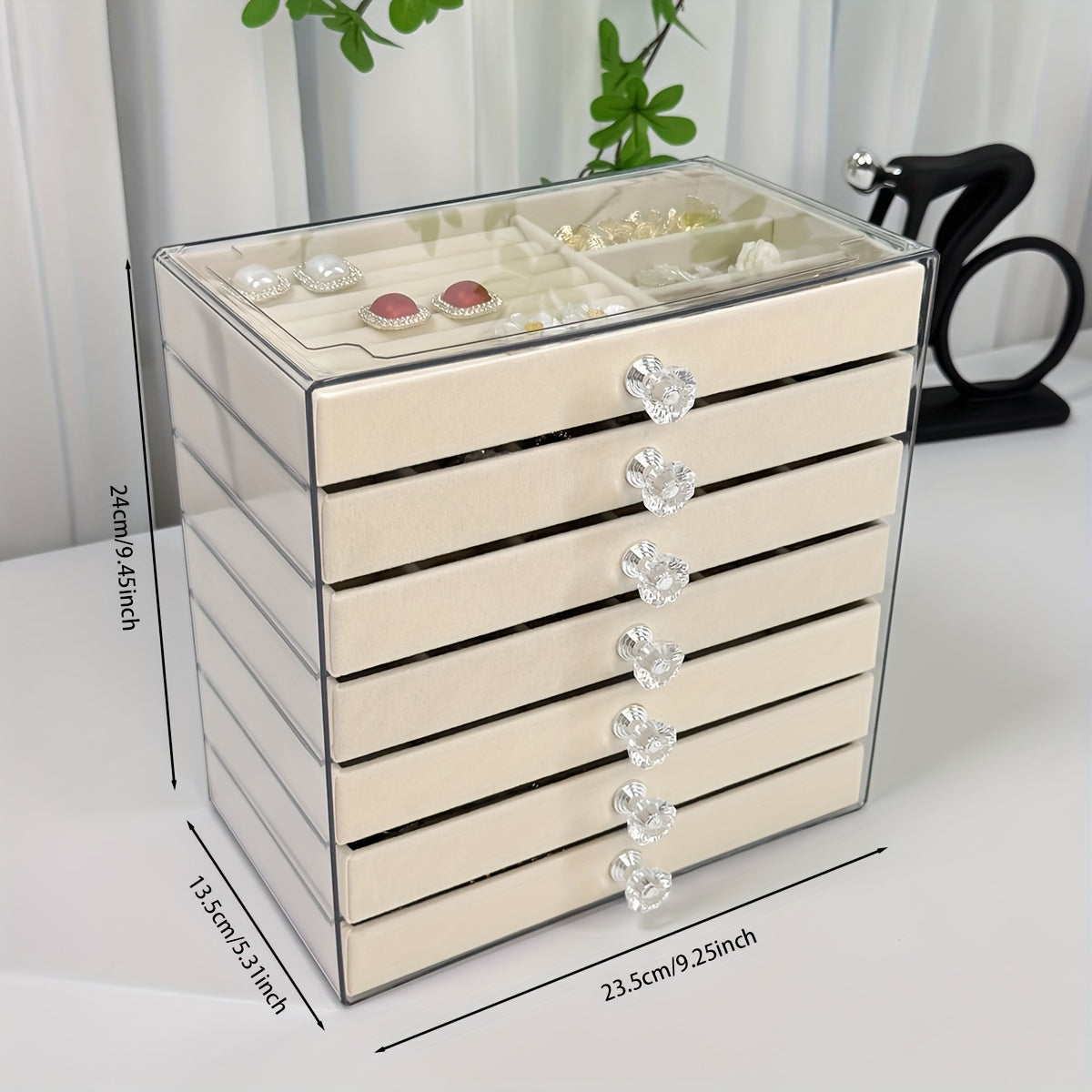 7-Layer Transparent Plastic Jewelry Organizer Box with Fabric-Lined Compartments, Secure Latch Closure & Contemporary Octagonal Design - Multi-Use Desktop Storage for Earrings, Rings, Necklaces, Jewelry Organizer Storage, Durable Polished Finish, Jewelry