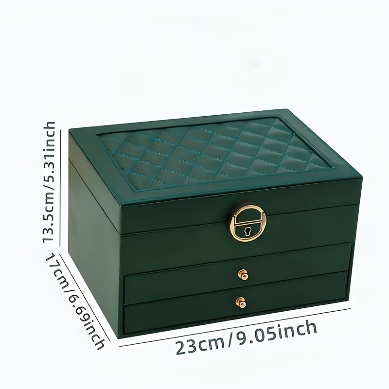 Luxury Jewelry Box Organizer - Elegant Green, 3-Tier Storage Case with Key Lock Closure, Soft Fabric-Lined Compartments for Necklaces, Earrings, Bracelets, Rings - Perfect Gift for Women, Home or Salon Use - Durable Construction, Jewelry Organizer