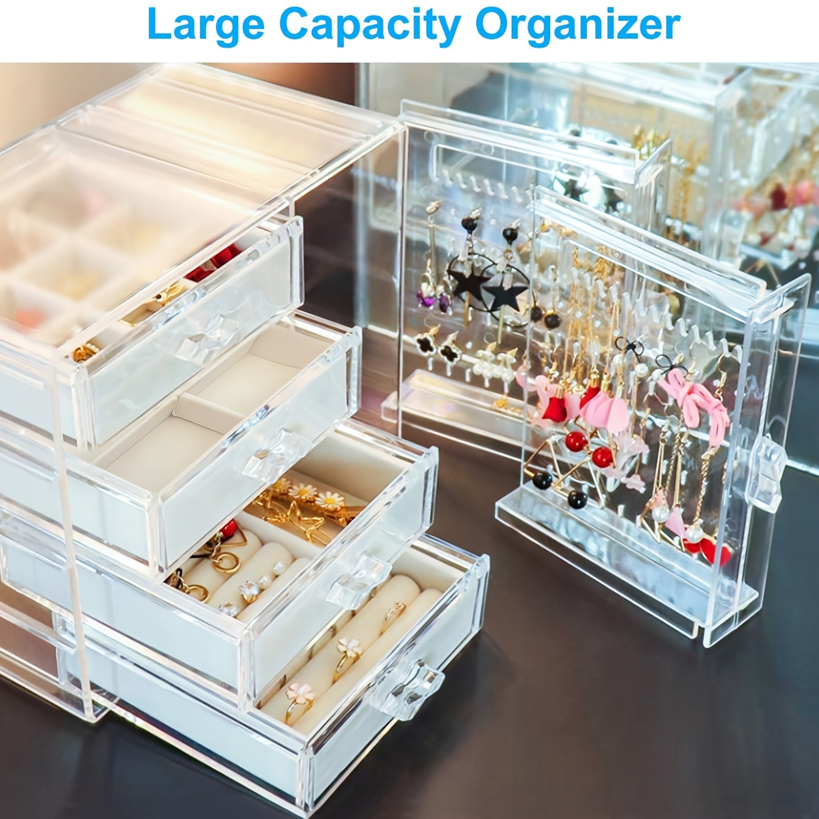 DIY Home and Kitchen Supplies Storage, Jewelry Box Storage, Acrylic Jewelry Storage Cabinet, Transparent Earring Holder, Jewelry Hanging Box with 4 Velvet Drawers, Earring, Ring, Necklace, Bracelet Display Box, Women'S Gift, Transparent Jewelry Storage
