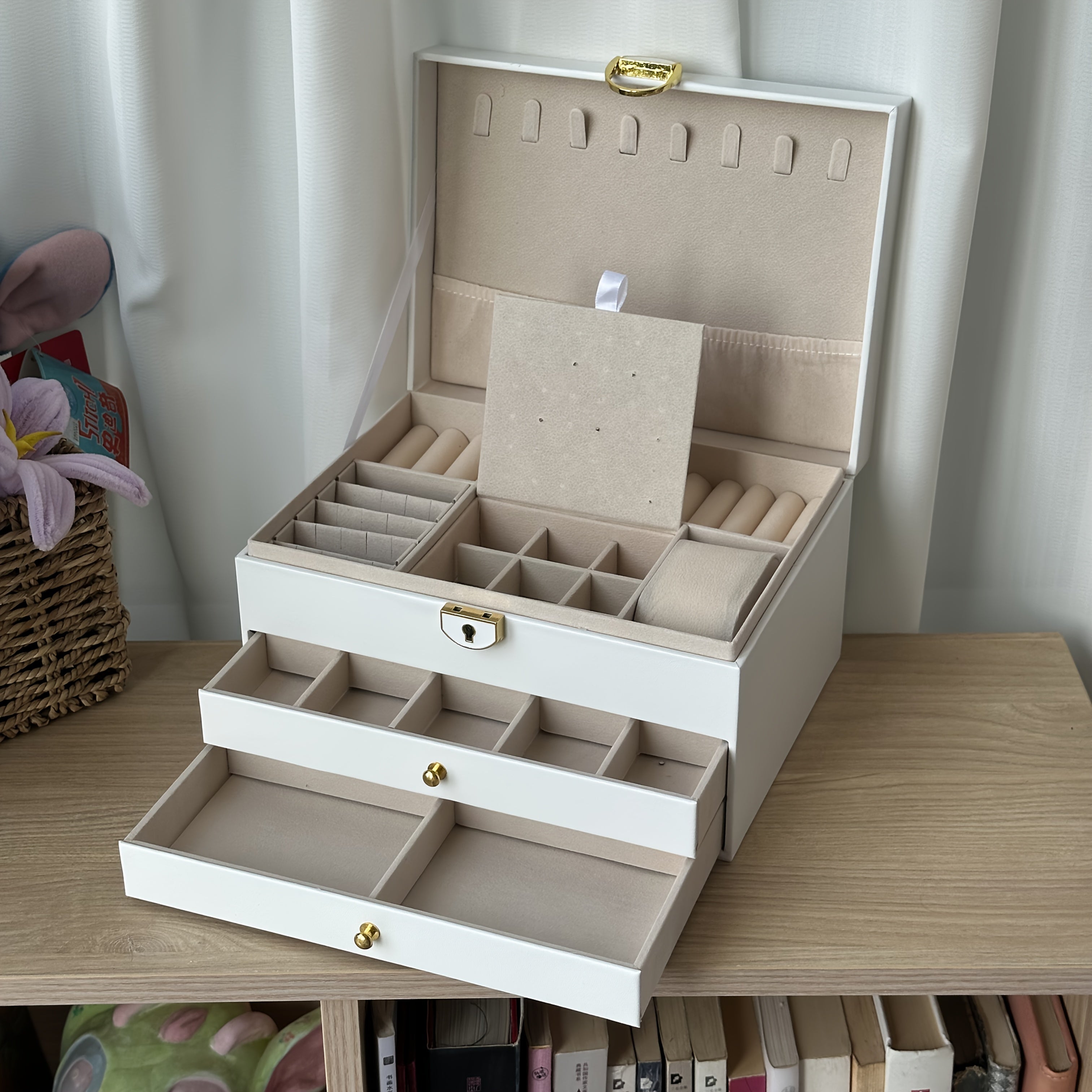 Elegant Jewelry Box Organizer - Dark Green Artificial Leather Jewelry case with Golden-Tone latches, 3-Tier Storage, Anti-Tarnish Fabric-Lined Interior - for Necklace, Bracelet, Earring, Ring - Perfect Gift for Women, Birthday, Christmas, Wedding - Home