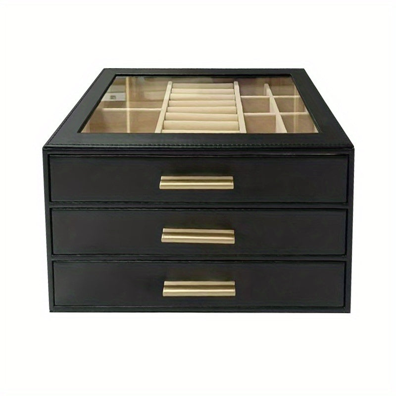 3-Tier Jewelry Organizer Box with Transparent Drawers - Large Capacity Multi-Layer Storage for Necklaces, Earrings, Rings - Durable Fabric & Metal Construction, Elegant White & Golden Design for Home or Retail Use, Jewelry Box, Jewelry Box, Jew