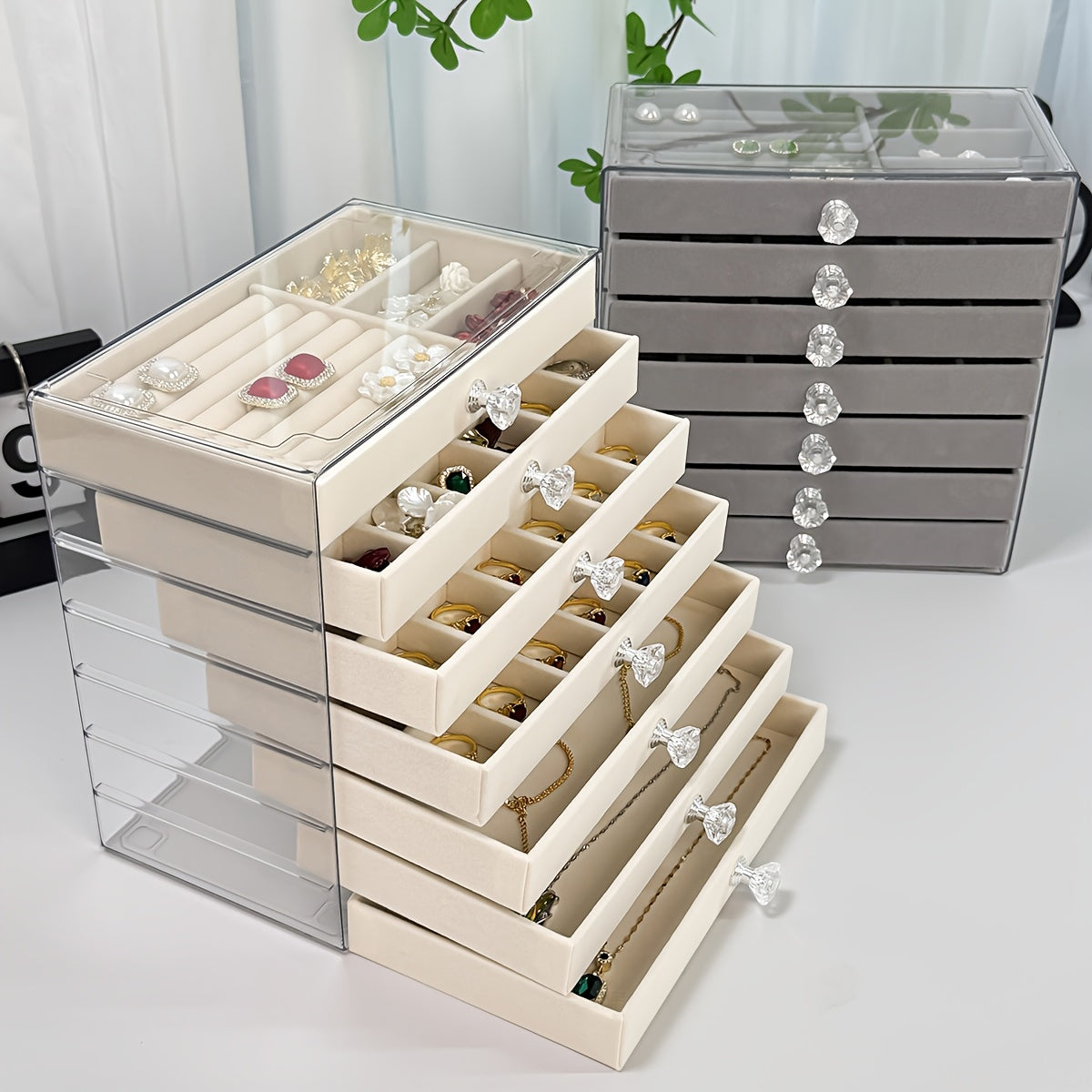 7-Layer Transparent Plastic Jewelry Organizer Box with Fabric-Lined Compartments, Secure Latch Closure & Contemporary Octagonal Design - Multi-Use Desktop Storage for Earrings, Rings, Necklaces, Jewelry Organizer Storage, Durable Polished Finish, Jewelry
