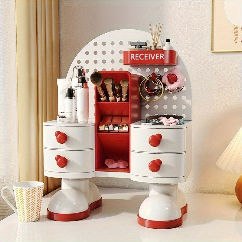 1pc Modern Jewelry & Cosmetic Organizer with Drawer - Multi-Functional Storage Box with Open Shelves, Makeup Vanity Organizer, Desk Organizer for Home, Office, Salon - Light Beige Beauty Station Decoration, Contemporary Design, Sturdy Construction, Home