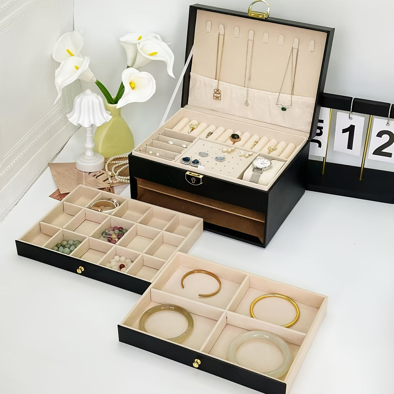 3-Tier Jewelry Organizer Box with Soft Fabric Lining – Pink Synthetic Synthetic Faux Leather Storage for Necklaces, Earrings, Rings, and Bracelets – Multi-Compartment Design for Easy Organization, Jewelry Box, Jewelry Boxes