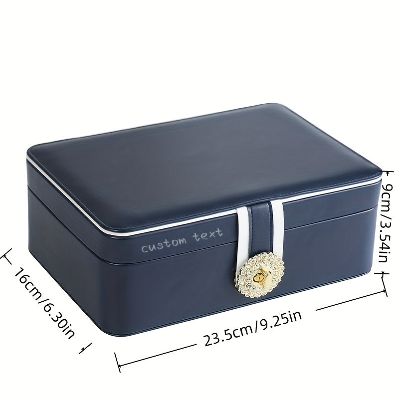 Customizable Text Double-Layer PU Leather Jewelry Box - Large Capacity Earring & Ring Organizer with Decorative Golden Floral Emblem, Elegant White/Blue/Pink Storage Case for Valentine's Day Gifts