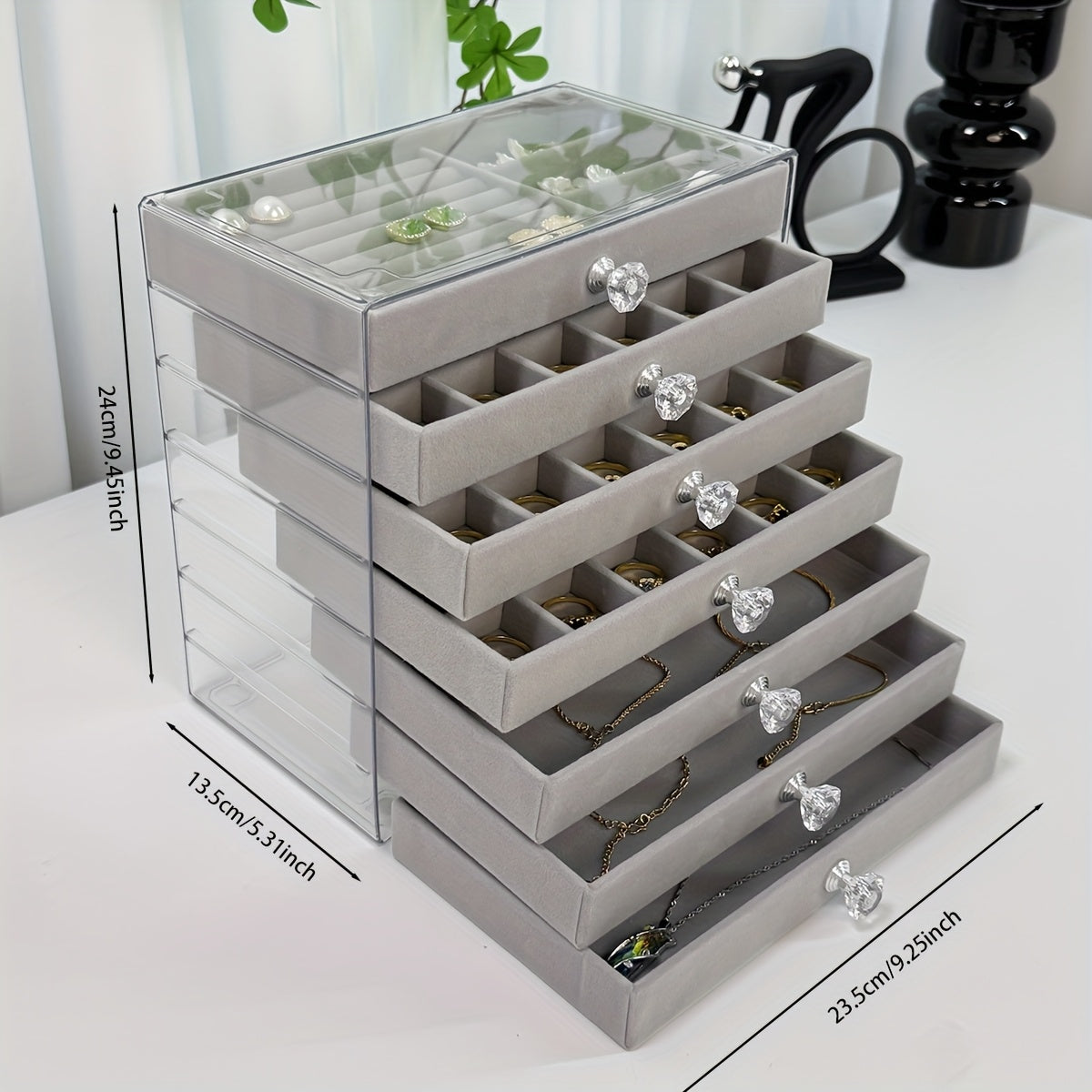 7-Layer Transparent Plastic Jewelry Organizer Box with Fabric-Lined Compartments, Secure Latch Closure & Contemporary Octagonal Design - Multi-Use Desktop Storage for Earrings, Rings, Necklaces, Jewelry Organizer Storage, Durable Polished Finish, Jewelry