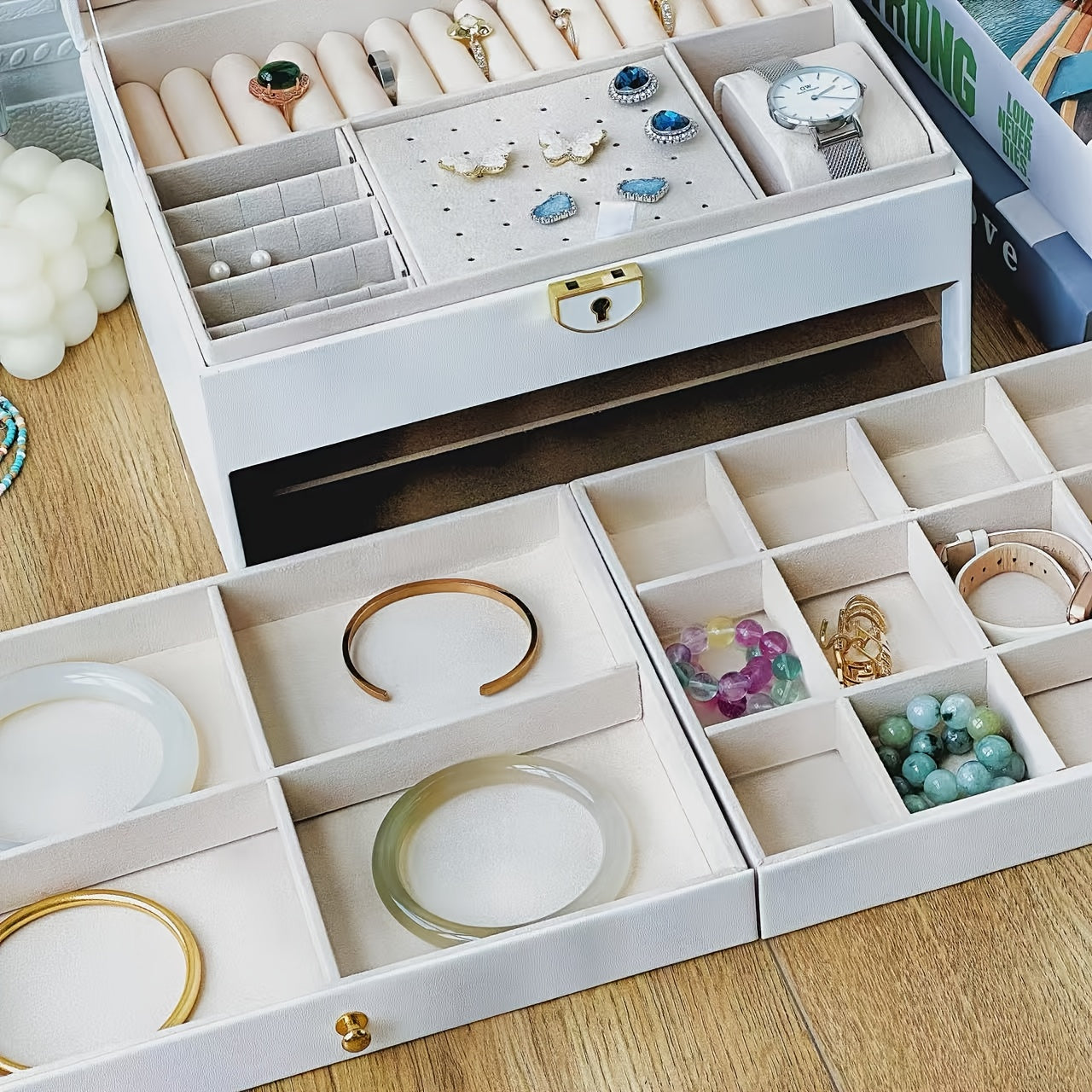 Elegant Jewelry Box Organizer - Dark Green Artificial Leather Jewelry case with Golden-Tone latches, 3-Tier Storage, Anti-Tarnish Fabric-Lined Interior - for Necklace, Bracelet, Earring, Ring - Perfect Gift for Women, Birthday, Christmas, Wedding - Home