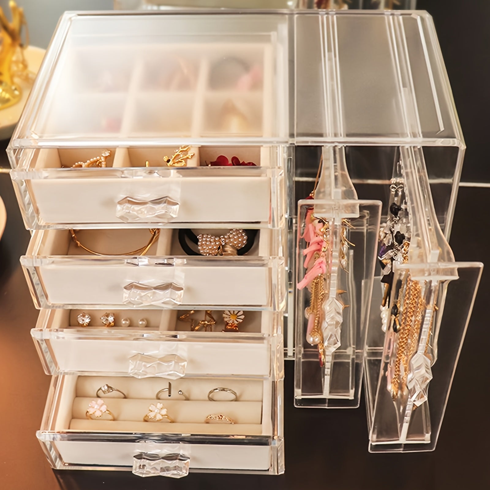 DIY Home and Kitchen Supplies Storage, Jewelry Box Storage, Acrylic Jewelry Storage Cabinet, Transparent Earring Holder, Jewelry Hanging Box with 4 Velvet Drawers, Earring, Ring, Necklace, Bracelet Display Box, Women'S Gift, Transparent Jewelry Storage