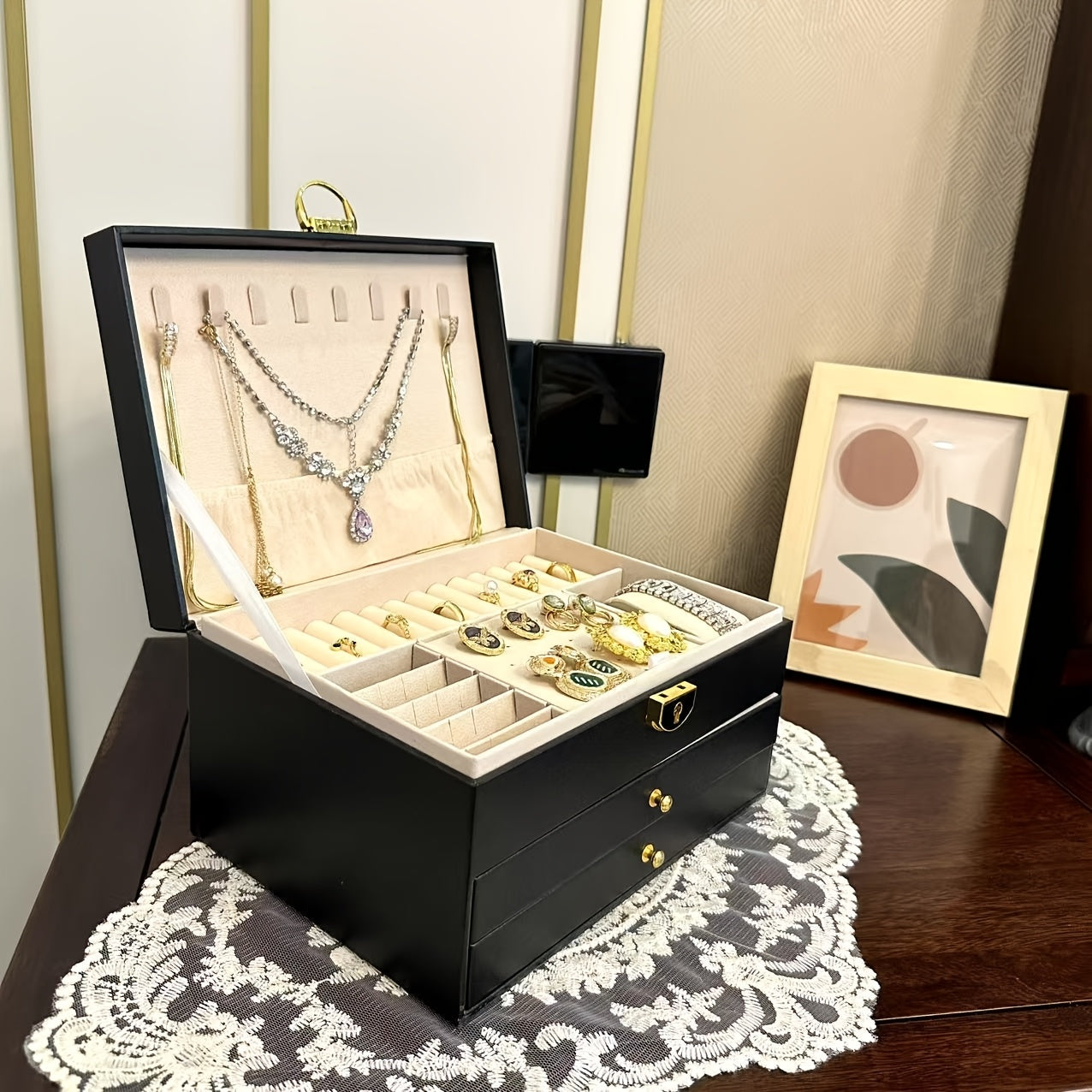 Luxury Jewelry Box Organizer - Elegant Green, 3-Tier Storage Case with Key Lock Closure, Soft Fabric-Lined Compartments for Necklaces, Earrings, Bracelets, Rings - Perfect Gift for Women, Home or Salon Use - Durable Construction, Jewelry Organizer