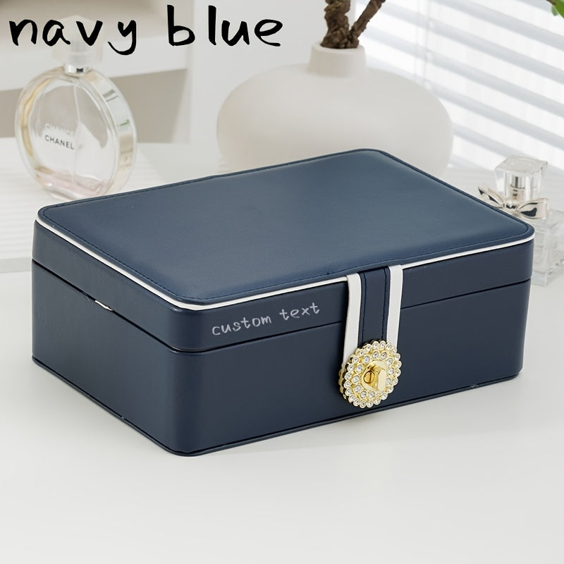 Customizable Text Double-Layer PU Leather Jewelry Box - Large Capacity Earring & Ring Organizer with Decorative Golden Floral Emblem, Elegant White/Blue/Pink Storage Case for Valentine's Day Gifts