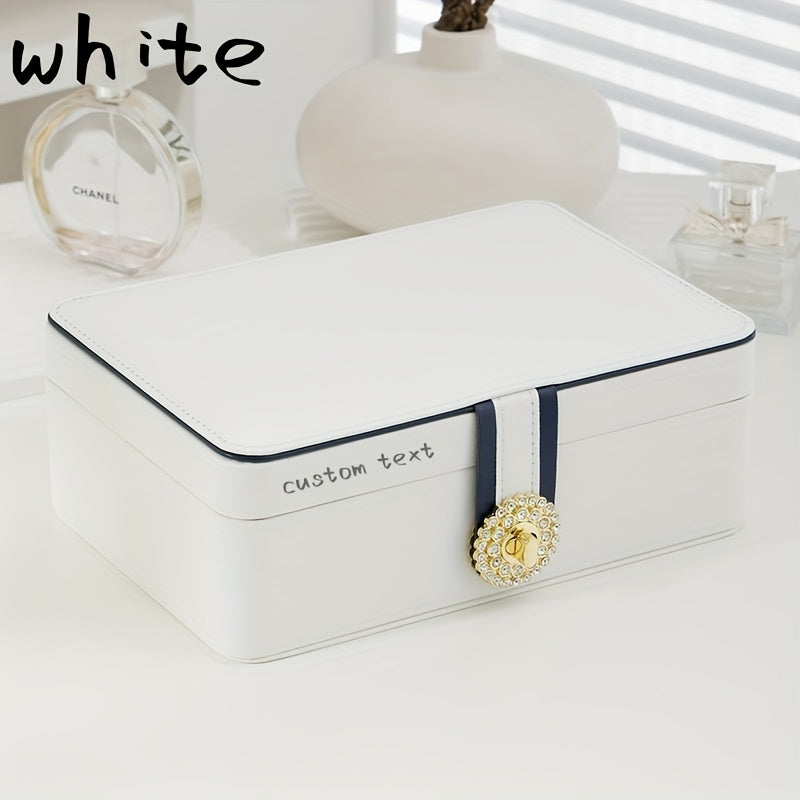 Customizable Text Double-Layer PU Leather Jewelry Box - Large Capacity Earring & Ring Organizer with Decorative Golden Floral Emblem, Elegant White/Blue/Pink Storage Case for Valentine's Day Gifts