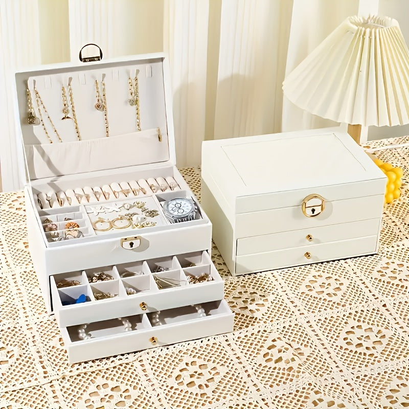 Elegant Vintage-Style Jewelry Box with Lock - 3-Layer Faux Leather, Golden-Tone Hardware, Pink & White Design, Perfect for Necklaces, Bracelets, and Earrings - Ideal for Home Decor and Fashion Enthusiasts, Jewelry Gift Box, Jewelry Boxes