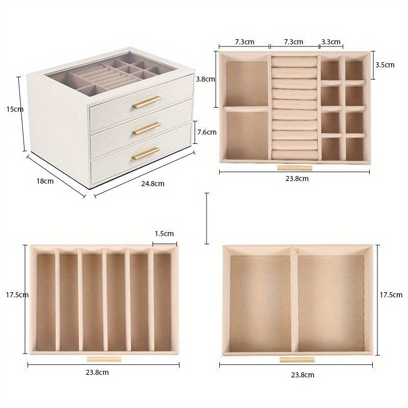 3-Tier Jewelry Organizer Box with Transparent Drawers - Large Capacity Multi-Layer Storage for Necklaces, Earrings, Rings - Durable Fabric & Metal Construction, Elegant White & Golden Design for Home or Retail Use, Jewelry Box, Jewelry Box, Jew