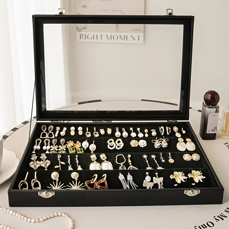 Classic Black Velvet Jewelry Box with Clear Glass Lid, Multi-Compartment for Necklaces and Rings Durable Metal Clasp Ideal Gift or Personal Use