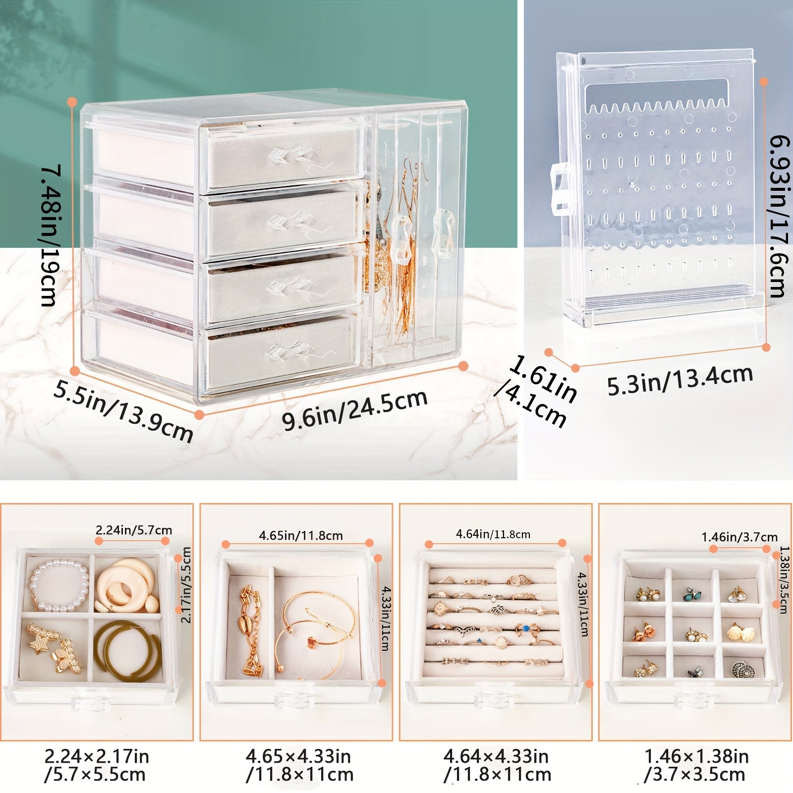 DIY Home and Kitchen Supplies Storage, Jewelry Box Storage, Acrylic Jewelry Storage Cabinet, Transparent Earring Holder, Jewelry Hanging Box with 4 Velvet Drawers, Earring, Ring, Necklace, Bracelet Display Box, Women'S Gift, Transparent Jewelry Storage