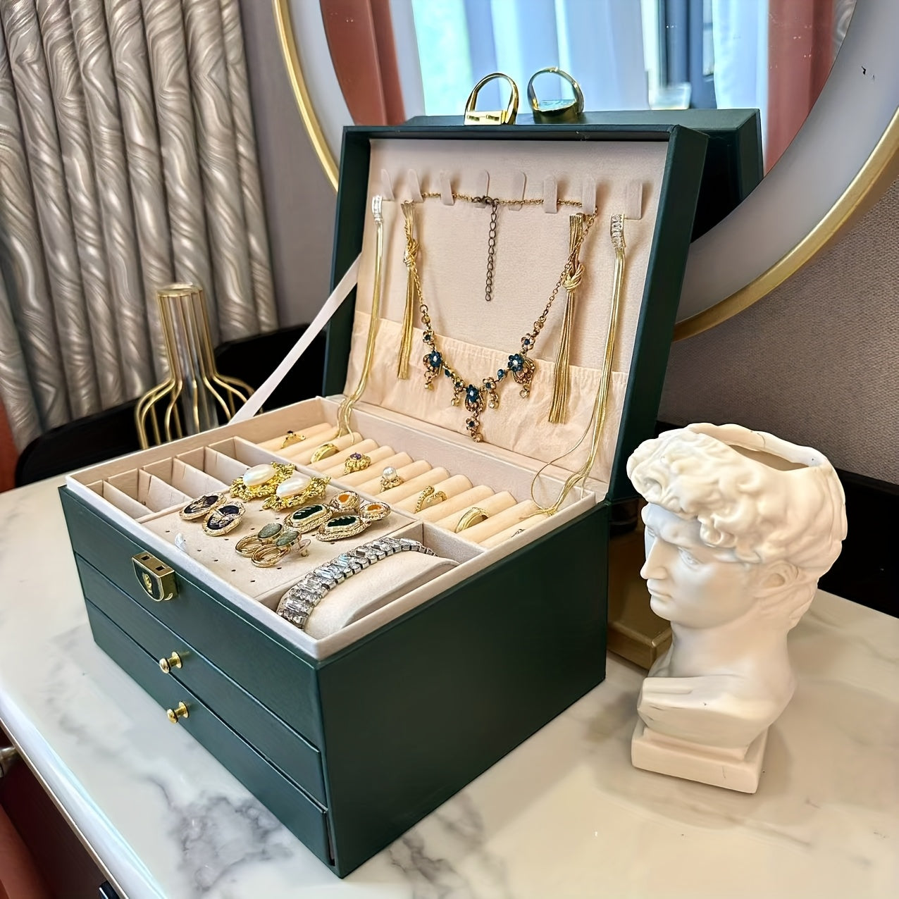 Luxury Jewelry Box Organizer - Elegant Green, 3-Tier Storage Case with Key Lock Closure, Soft Fabric-Lined Compartments for Necklaces, Earrings, Bracelets, Rings - Perfect Gift for Women, Home or Salon Use - Durable Construction, Jewelry Organizer