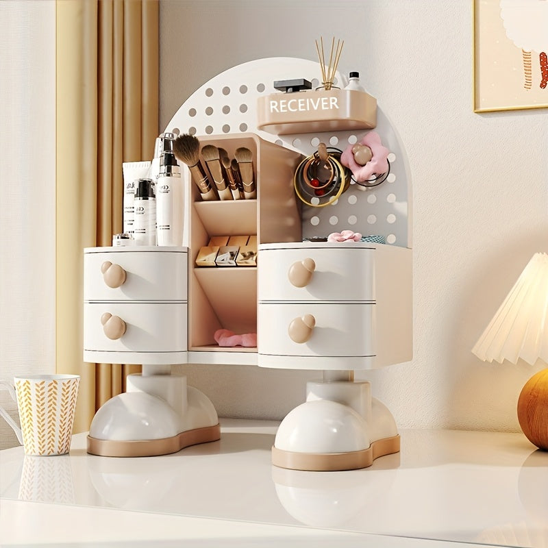 1pc Modern Jewelry & Cosmetic Organizer with Drawer - Multi-Functional Storage Box with Open Shelves, Makeup Vanity Organizer, Desk Organizer for Home, Office, Salon - Light Beige Beauty Station Decoration, Contemporary Design, Sturdy Construction, Home