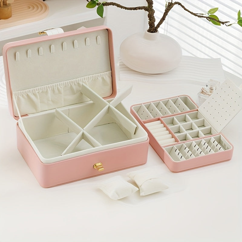 Customizable Text Double-Layer PU Leather Jewelry Box - Large Capacity Earring & Ring Organizer with Decorative Golden Floral Emblem, Elegant White/Blue/Pink Storage Case for Valentine's Day Gifts