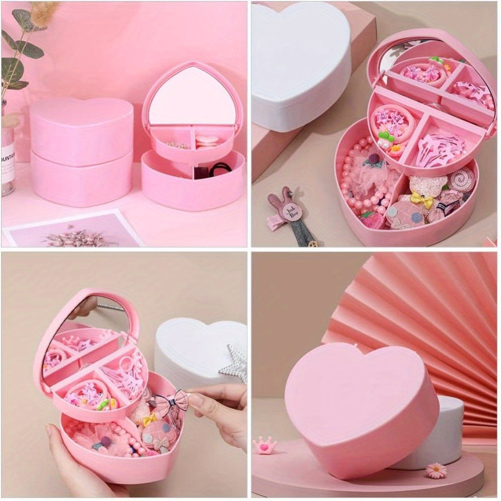 6pcs heart-shaped jewelry box - double-layer mirror storage box, lined with fabric, used for earrings, necklaces, bracelets, watches - decorative plastic storage box, jewelry storage box, decorative box, safe closing, Necklace Organizer, Bracelet Holder,