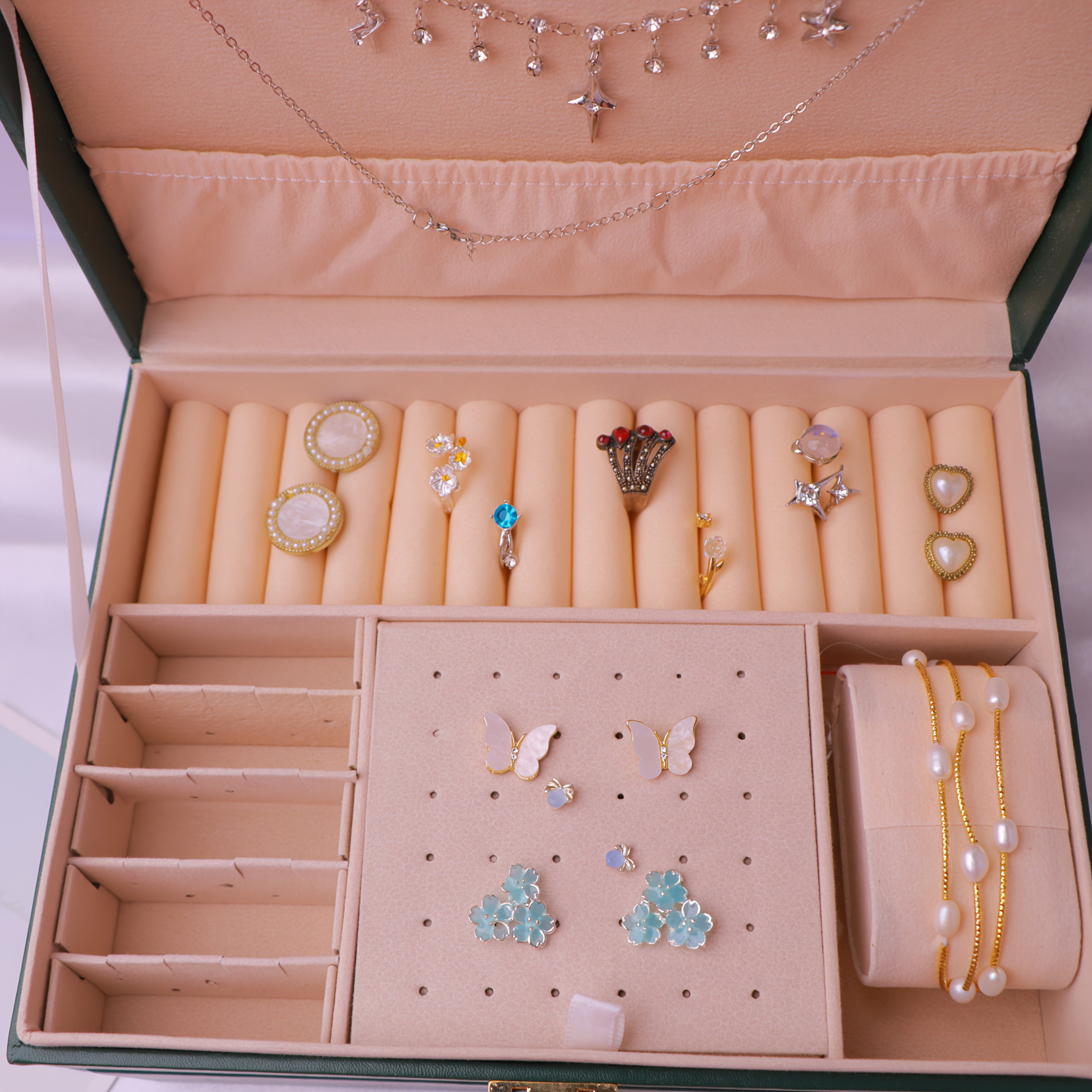 Elegant Vintage-Style Jewelry Box with Lock - 3-Layer Faux Leather, Golden-Tone Hardware, Pink & White Design, Perfect for Necklaces, Bracelets, and Earrings - Ideal for Home Decor and Fashion Enthusiasts, Jewelry Gift Box, Jewelry Boxes