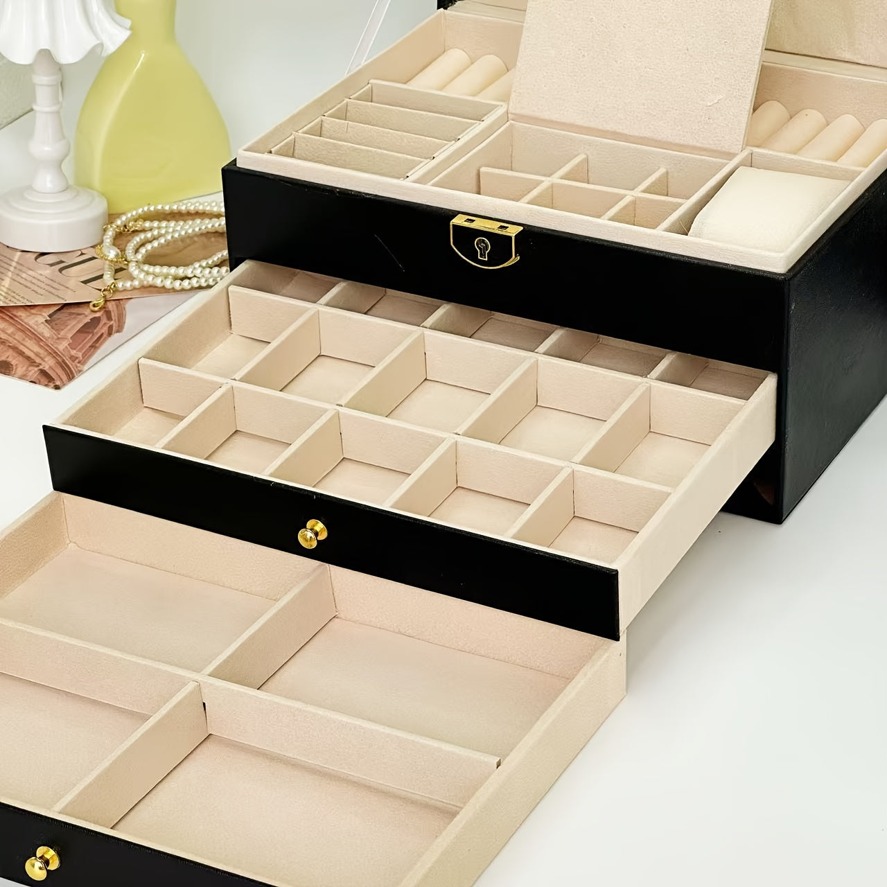 3-Tier Jewelry Organizer Box with Soft Fabric Lining – Pink Synthetic Synthetic Faux Leather Storage for Necklaces, Earrings, Rings, and Bracelets – Multi-Compartment Design for Easy Organization, Jewelry Box, Jewelry Boxes