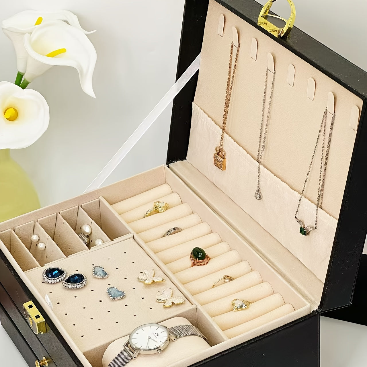 Elegant Jewelry Box Organizer - Dark Green Artificial Leather Jewelry case with Golden-Tone latches, 3-Tier Storage, Anti-Tarnish Fabric-Lined Interior - for Necklace, Bracelet, Earring, Ring - Perfect Gift for Women, Birthday, Christmas, Wedding - Home