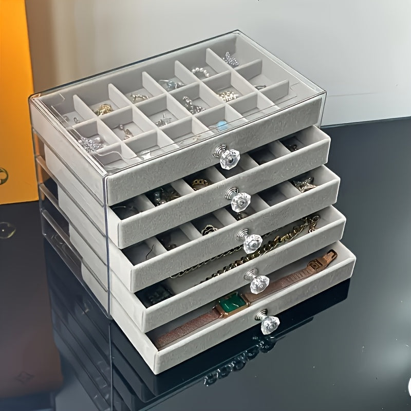 5-Tier Jewelry Organizer Box with Transparent Lid - Elegant Jewelry Storage Case, Soft Velvet-Lined Compartments, for Earrings, Necklaces, Bracelets, Rings - Vanity, Dressing Table, or Gift Box - Modern Minimalist Design, Jewelry Box, Vanity Accessory,