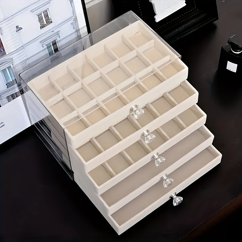 5-Tier Jewelry Organizer Box with Transparent Lid - Elegant Jewelry Storage Case, Soft Velvet-Lined Compartments, for Earrings, Necklaces, Bracelets, Rings - Vanity, Dressing Table, or Gift Box - Modern Minimalist Design, Jewelry Box, Vanity Accessory,
