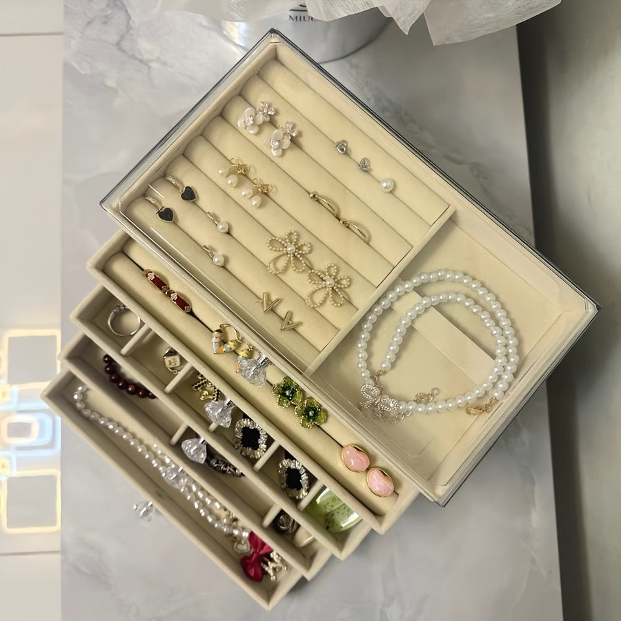 5-Tier Jewelry Organizer Box with Transparent Lid - Elegant Jewelry Storage Case, Soft Velvet-Lined Compartments, for Earrings, Necklaces, Bracelets, Rings - Vanity, Dressing Table, or Gift Box - Modern Minimalist Design, Jewelry Box, Vanity Accessory,